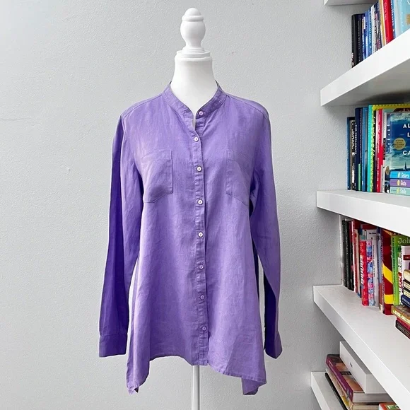 Eileen Fisher Lavender Irish Linen Button Down Tunic Sz Medium Runs Large - Picture 2 of 13